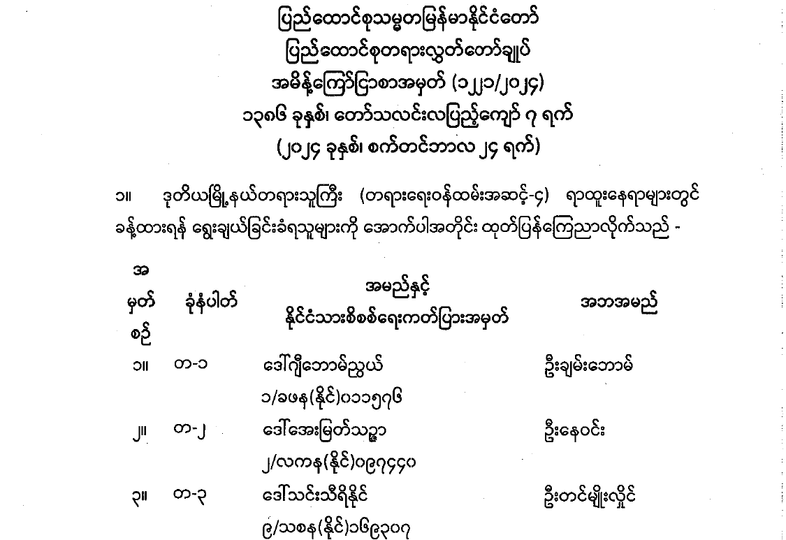 ဒုတိယမြို့နယ်တရားသူကြီးများ (တရားရေးဝန်ထမ်းအဆင့်-၄) ရာထူးနေရာများတွင် ခန့်ထားရန် ရွေးချယ်ခံရသူများစာရင်း